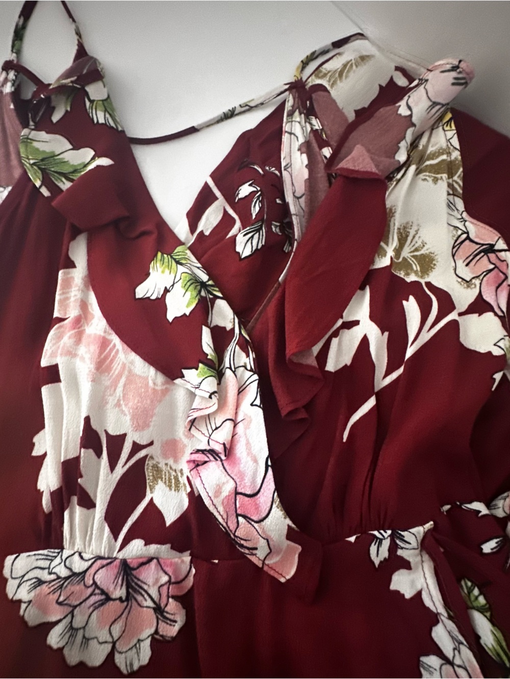 ASTR the Label Lucia Ruffle Floral High-Low Midi Dress Burgundy